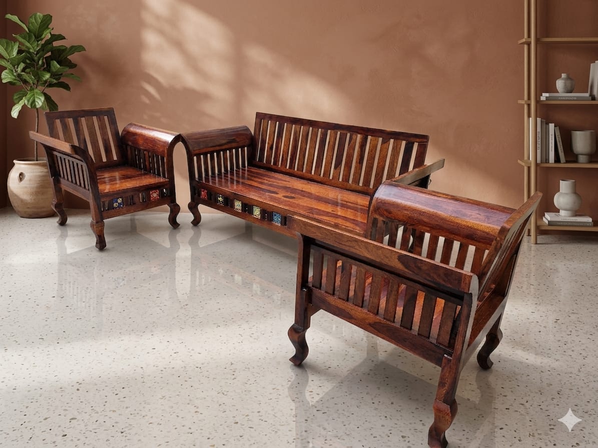 Sheesham Wood 5-Seater Sofa Set with Traditional Tile Work - Image 3
