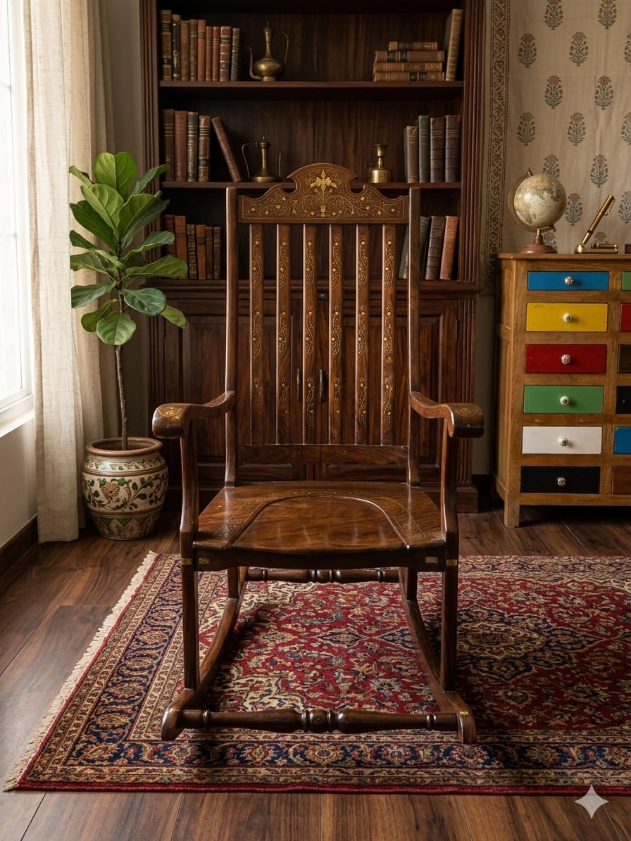 Royal Heritage Solid Wood Rocking Chair with Brass Inlay - Image 3