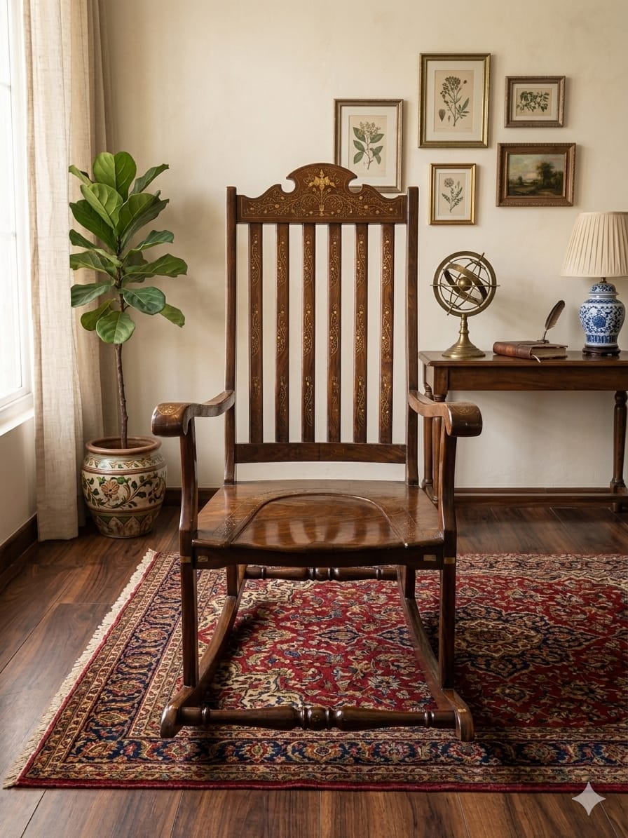 Royal Heritage Solid Wood Rocking Chair with Brass Inlay - Image 2