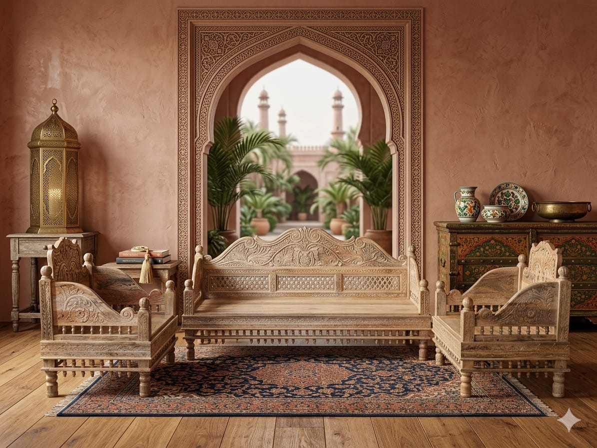 Hand-Carved Solid Mango Wood Sofa Set (3+1+1 Seater) - Image 2