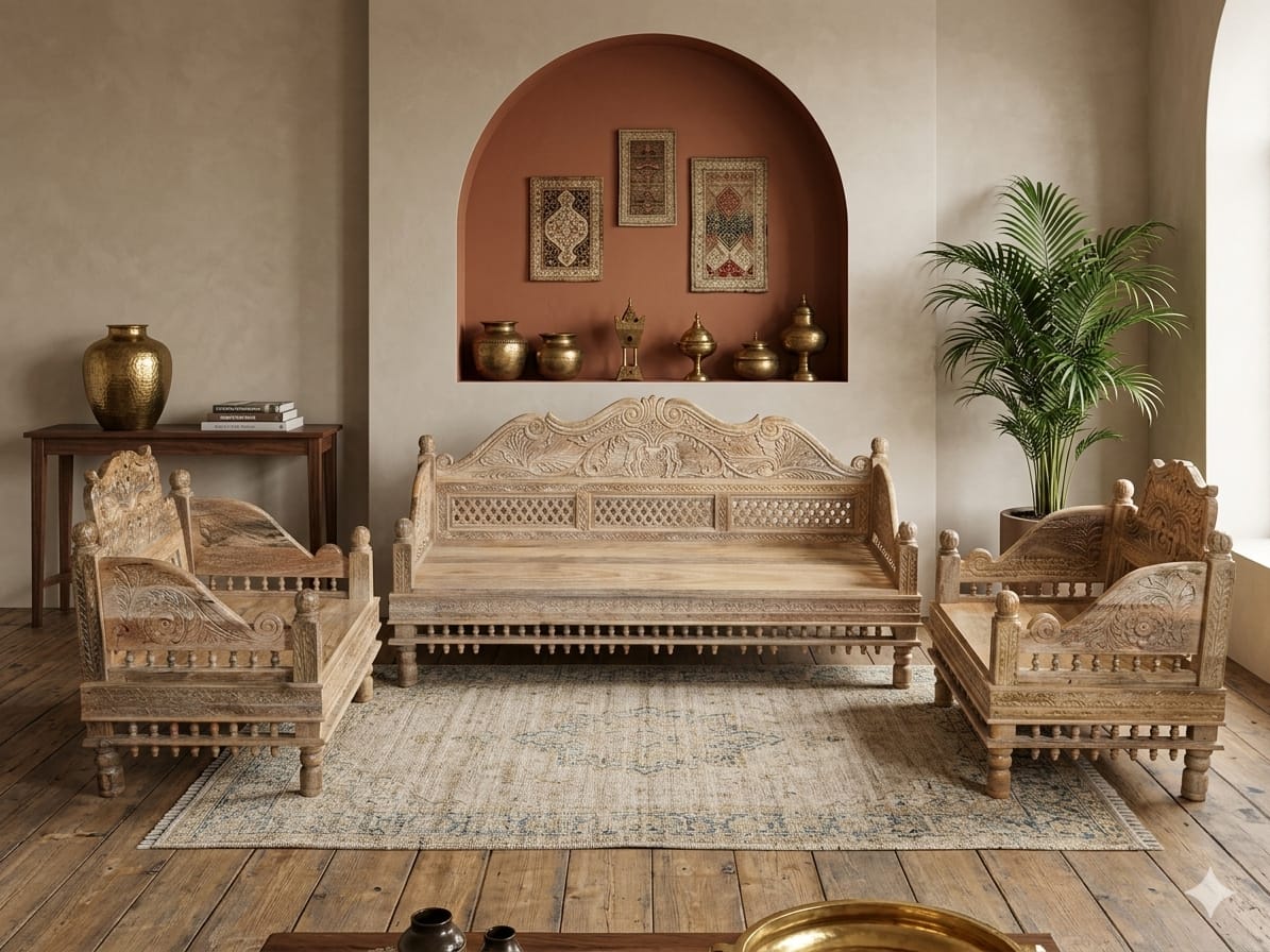 Hand-Carved Solid Mango Wood Sofa Set (3+1+1 Seater)