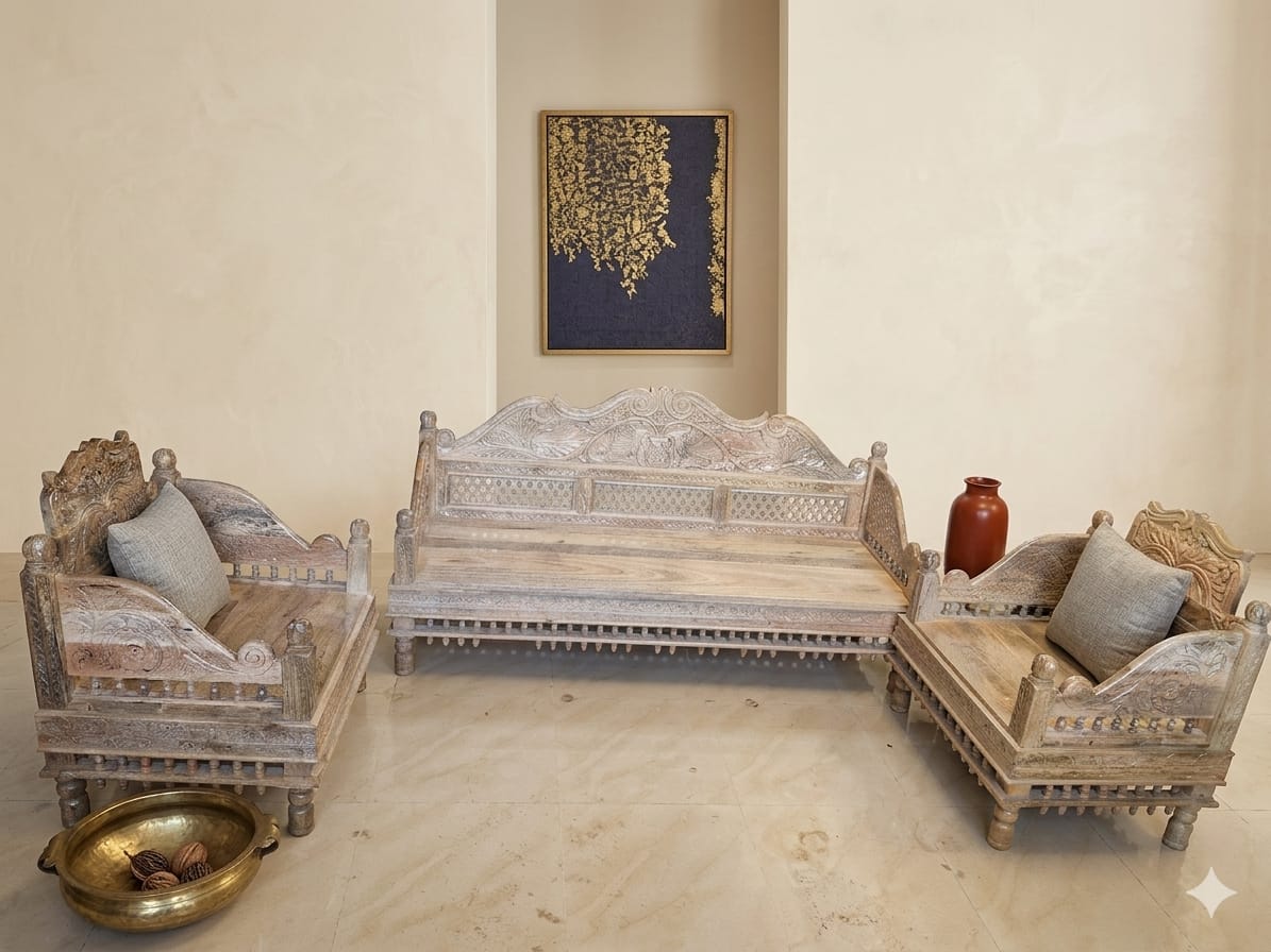 Hand-Carved Solid Mango Wood Sofa Set (3+1+1 Seater) - Image 4