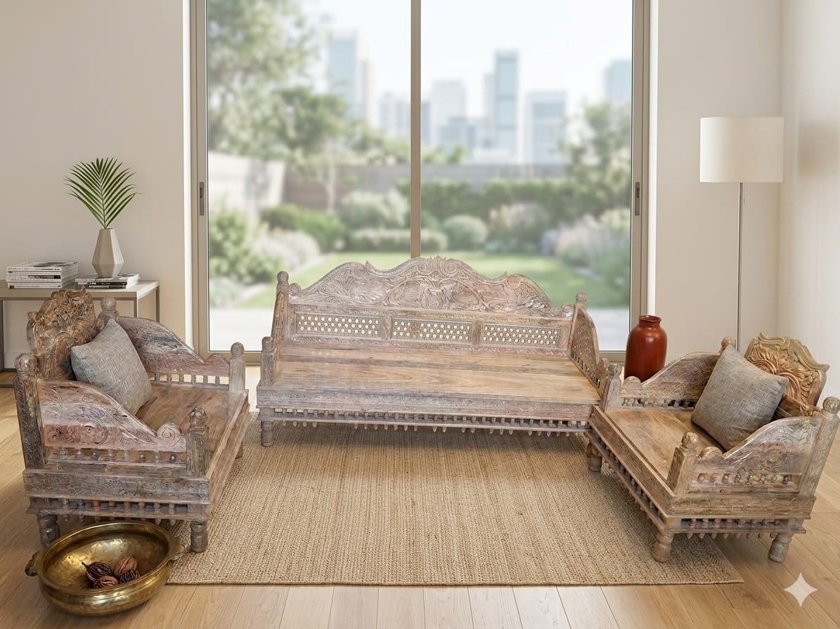 Hand-Carved Solid Mango Wood Sofa Set (3+1+1 Seater) - Image 3