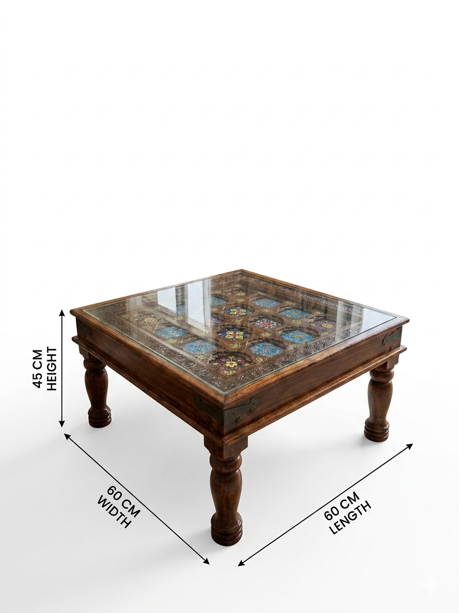 Handcrafted Wooden Square Center Coffee Table with Glass Top - Image 2