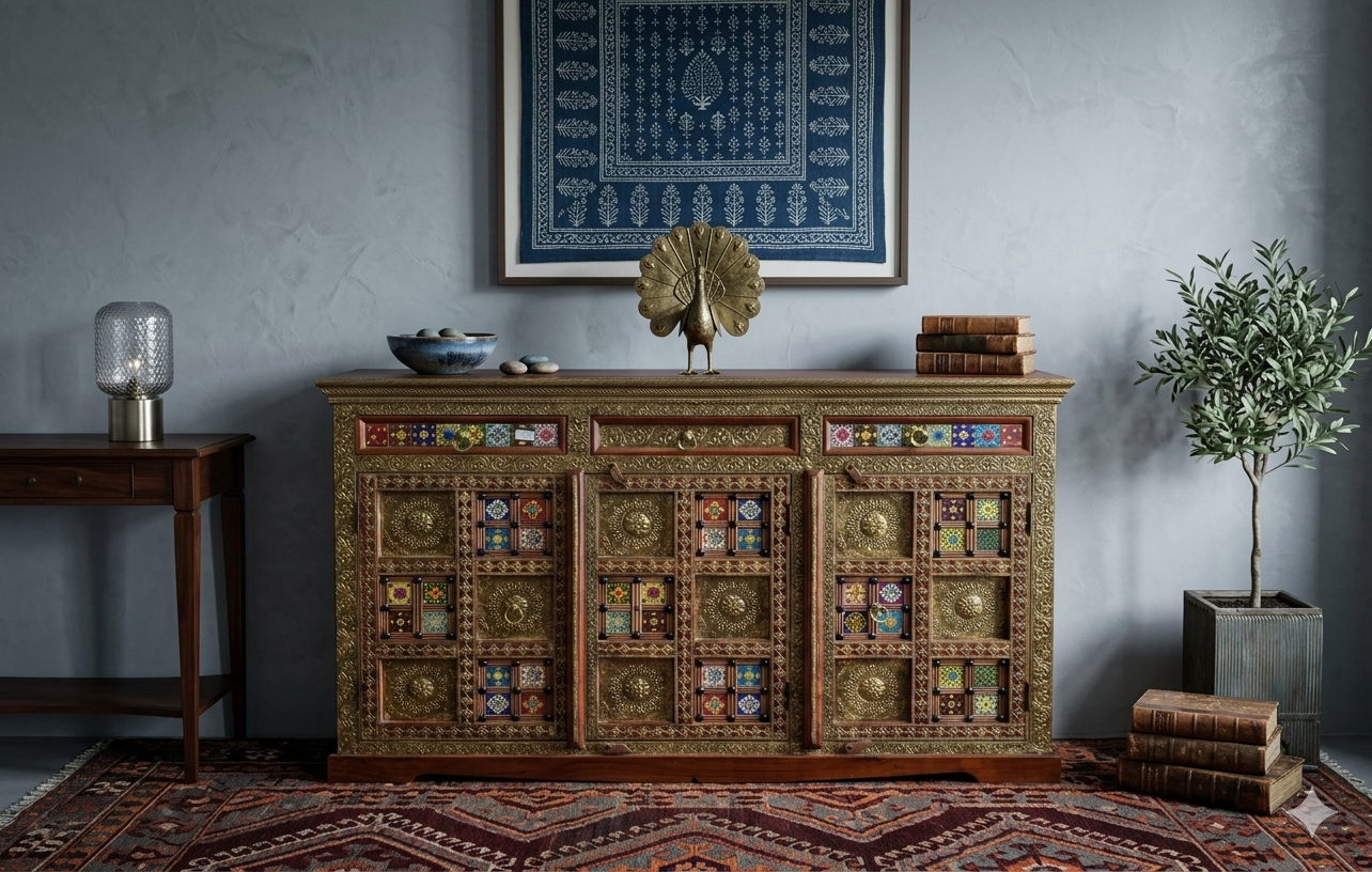 Royal Hand-Fitted Brass & Ceramic Tile Solid Wood Sideboard - Image 2