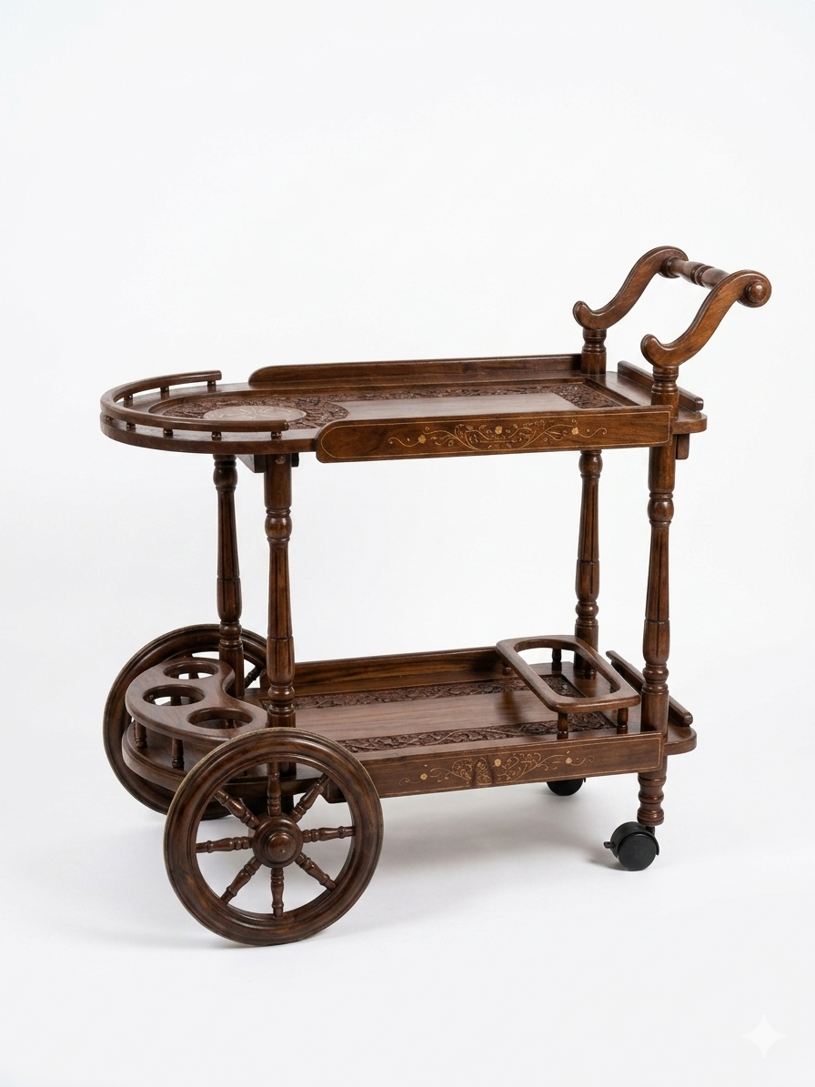 Hand-Carved Service Trolley with Brass Inlay – 2-Tier Mobile Bar Cart - Image 2