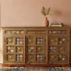 Royal Hand-Fitted Brass & Ceramic Tile Solid Wood Sideboard