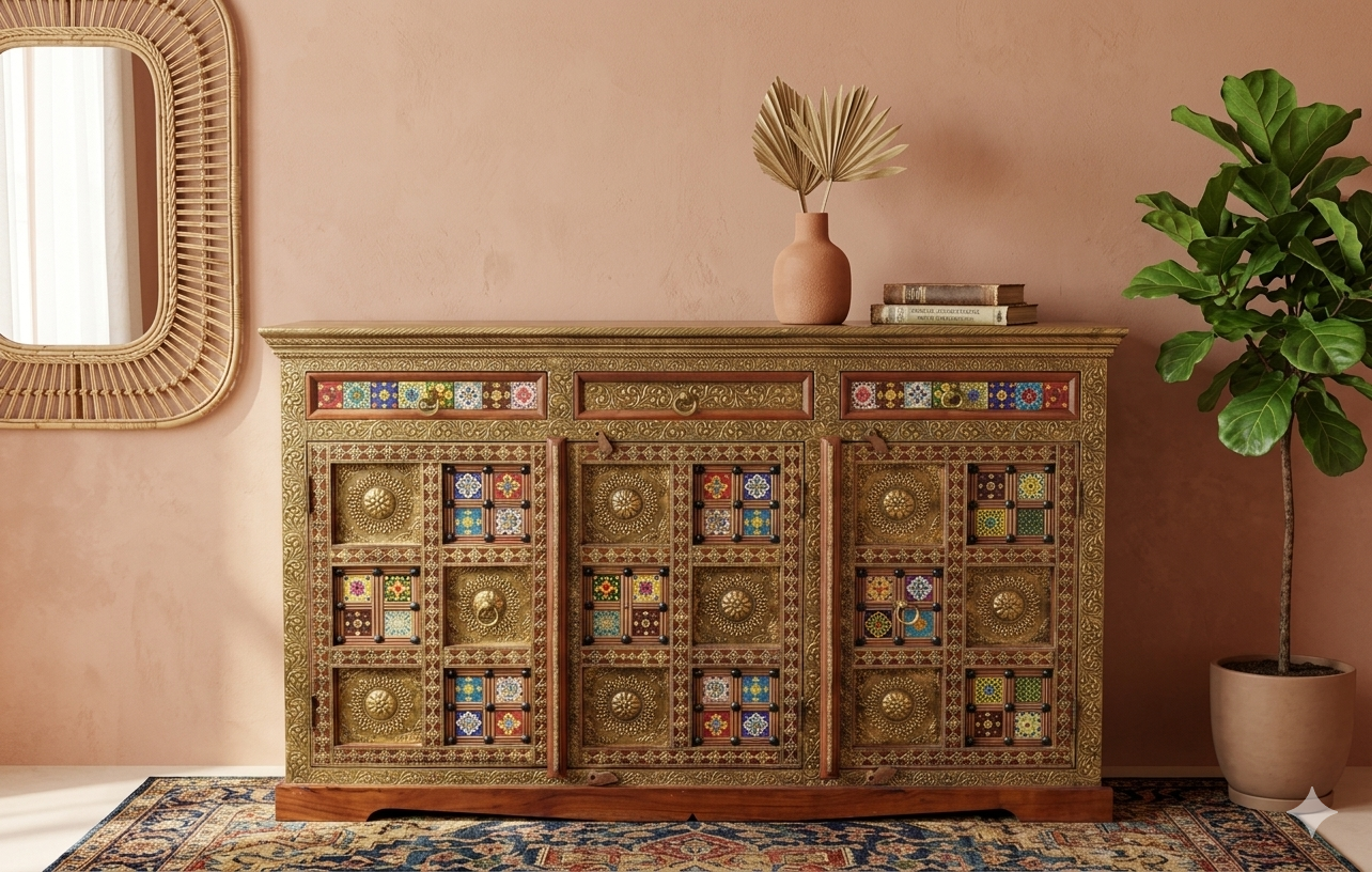 Royal Hand-Fitted Brass & Ceramic Tile Solid Wood Sideboard