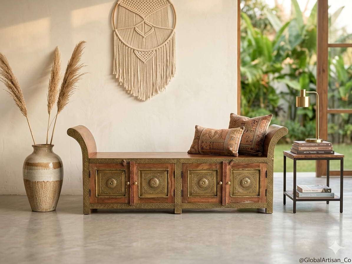 Handcrafted Solid Wood Storage Bench with Brass Inlay - Image 3