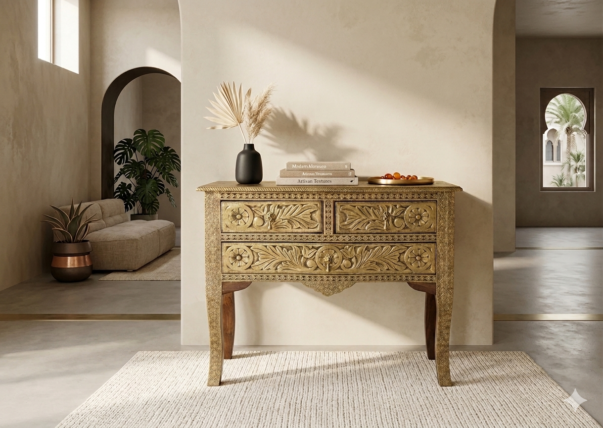 Royal Antique Brass-Fitted Solid Wood Console Table
