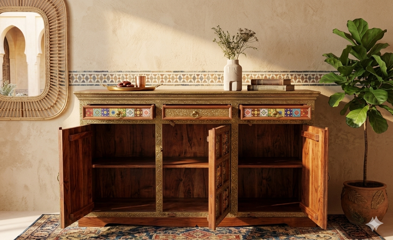Royal Hand-Fitted Brass & Ceramic Tile Solid Wood Sideboard - Image 3
