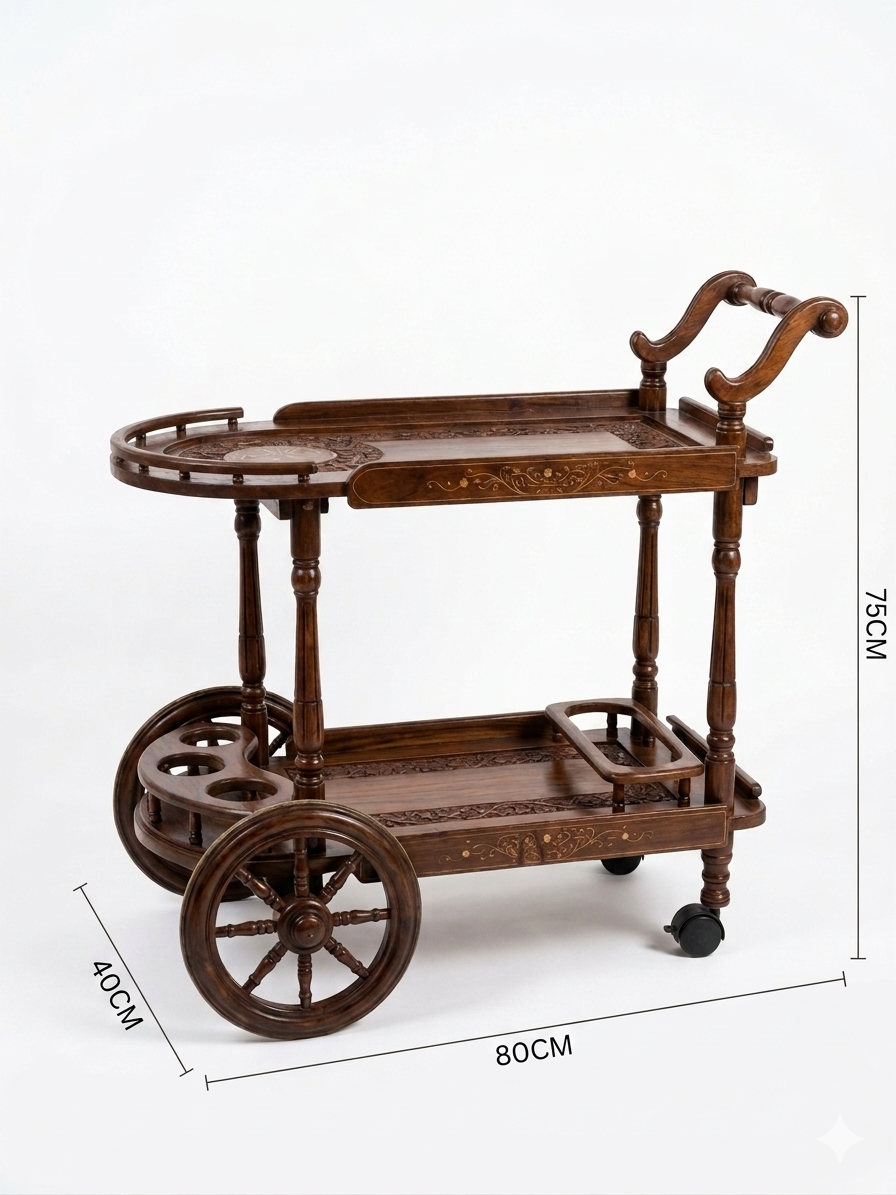 Hand-Carved Service Trolley with Brass Inlay – 2-Tier Mobile Bar Cart - Image 5