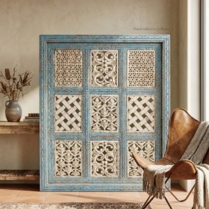 Vintage Jodhpur Heritage: Hand-Carved 9-Block Jali Wall Panel