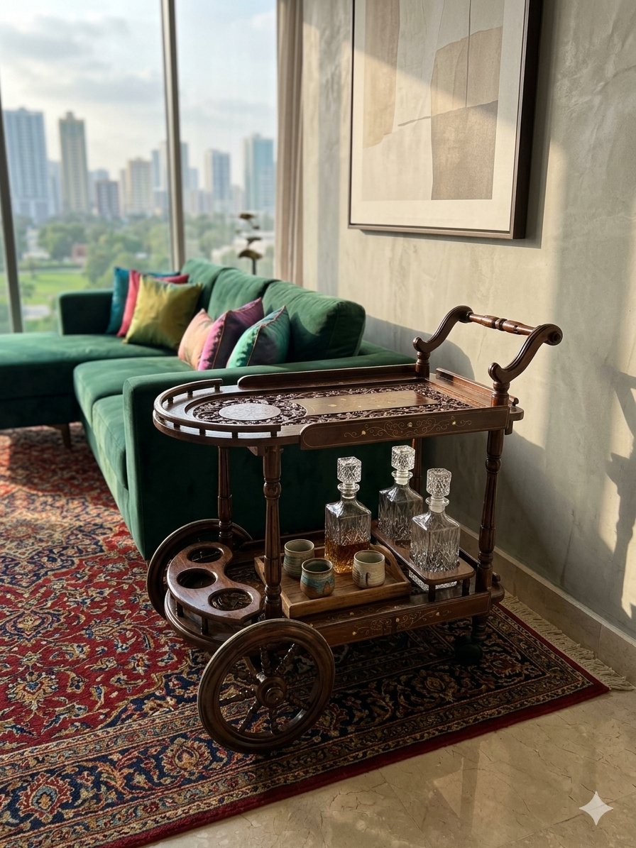 Hand-Carved Service Trolley with Brass Inlay – 2-Tier Mobile Bar Cart - Image 4