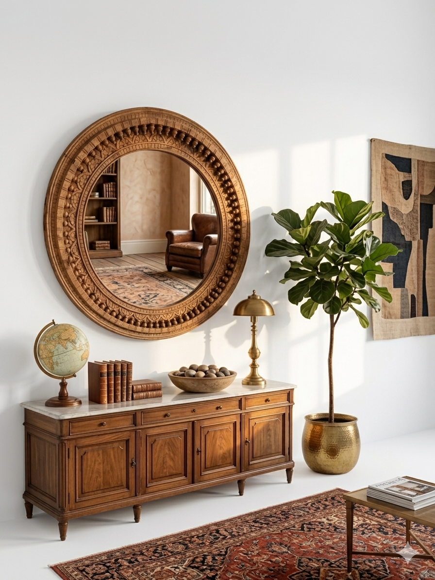 Handcrafted Round Mango Wood Mirror