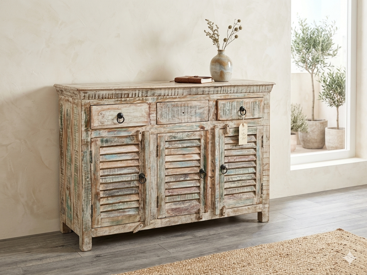 Shabby Chic Louvered Sideboard - Distressed White