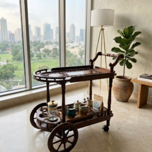 Hand-Carved Service Trolley with Brass Inlay – 2-Tier Mobile Bar Cart