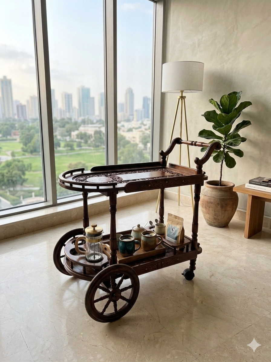 Hand-Carved Service Trolley with Brass Inlay – 2-Tier Mobile Bar Cart