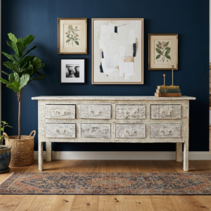 Handcrafted Antique White Console Table – 8 Drawers