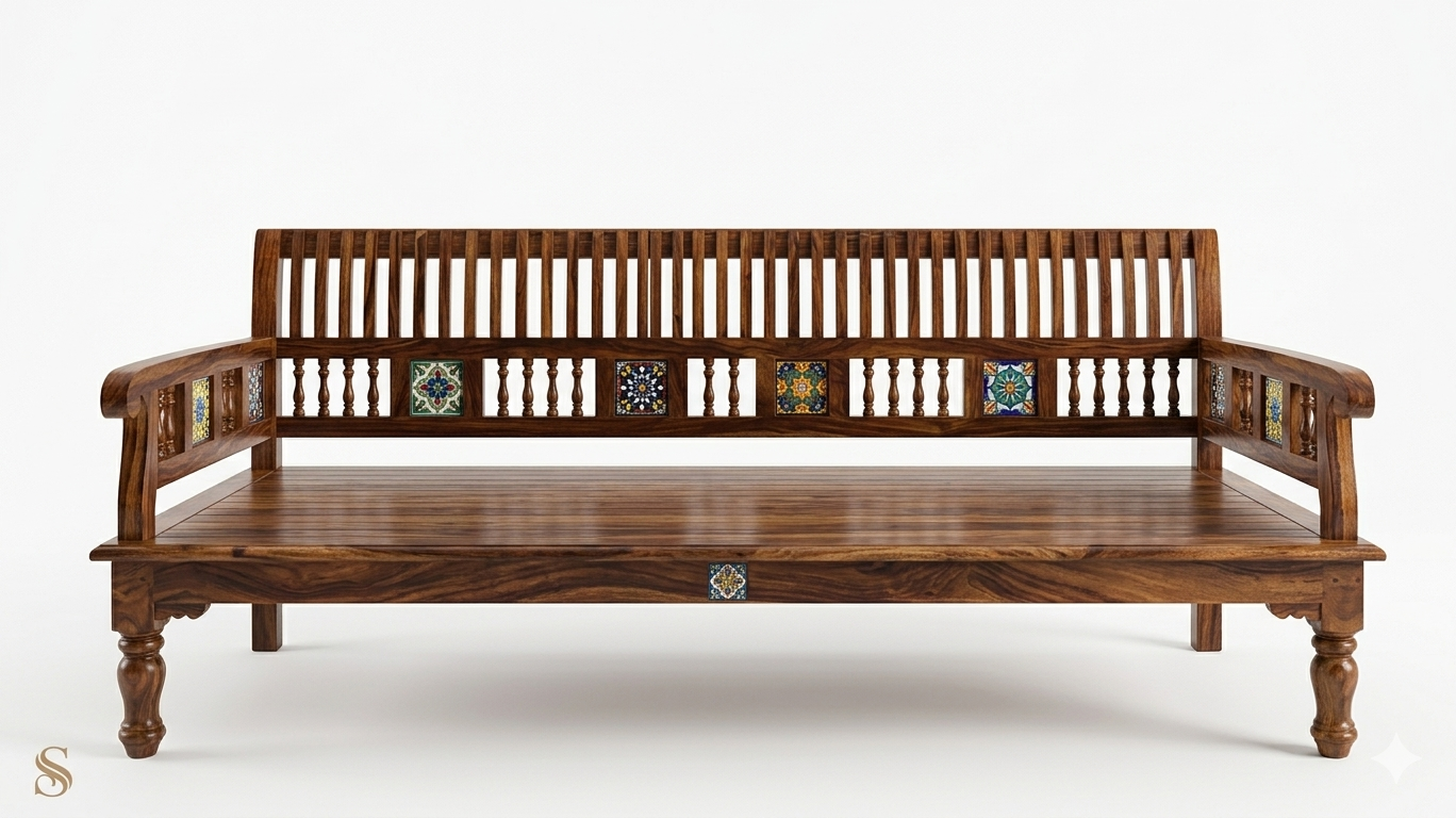 Sheesham Wood Daybed with Hand-Painted Ceramic Tiles