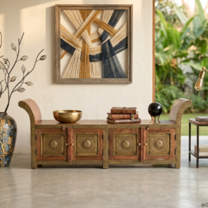 Handcrafted Solid Wood Storage Bench with Brass Inlay