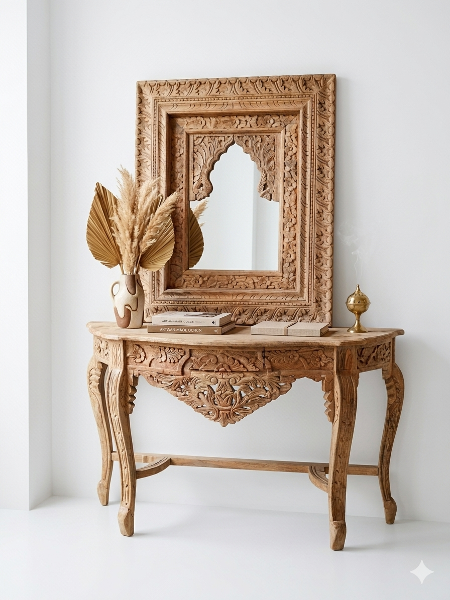 Mango Wood Vanity Console & Arch Mirror Set