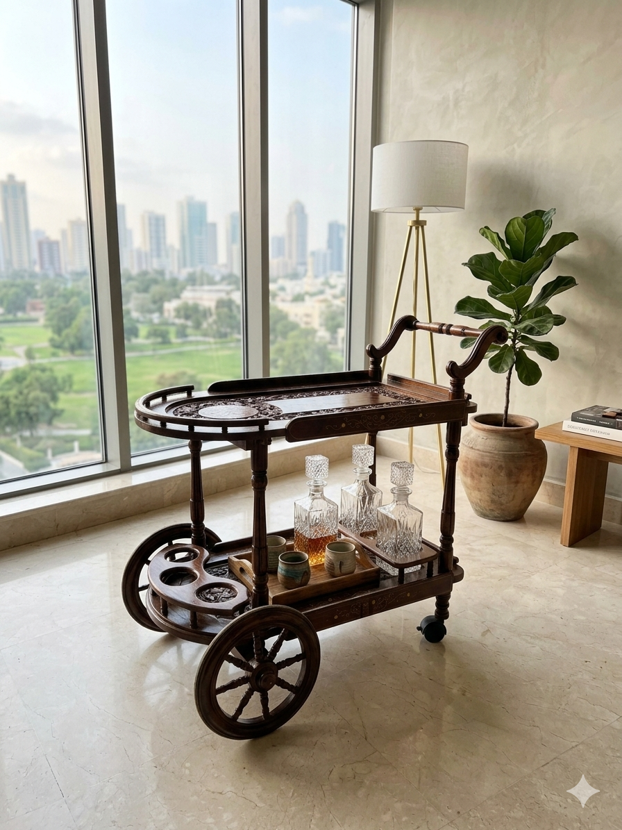 Hand-Carved Service Trolley with Brass Inlay – 2-Tier Mobile Bar Cart - Image 3