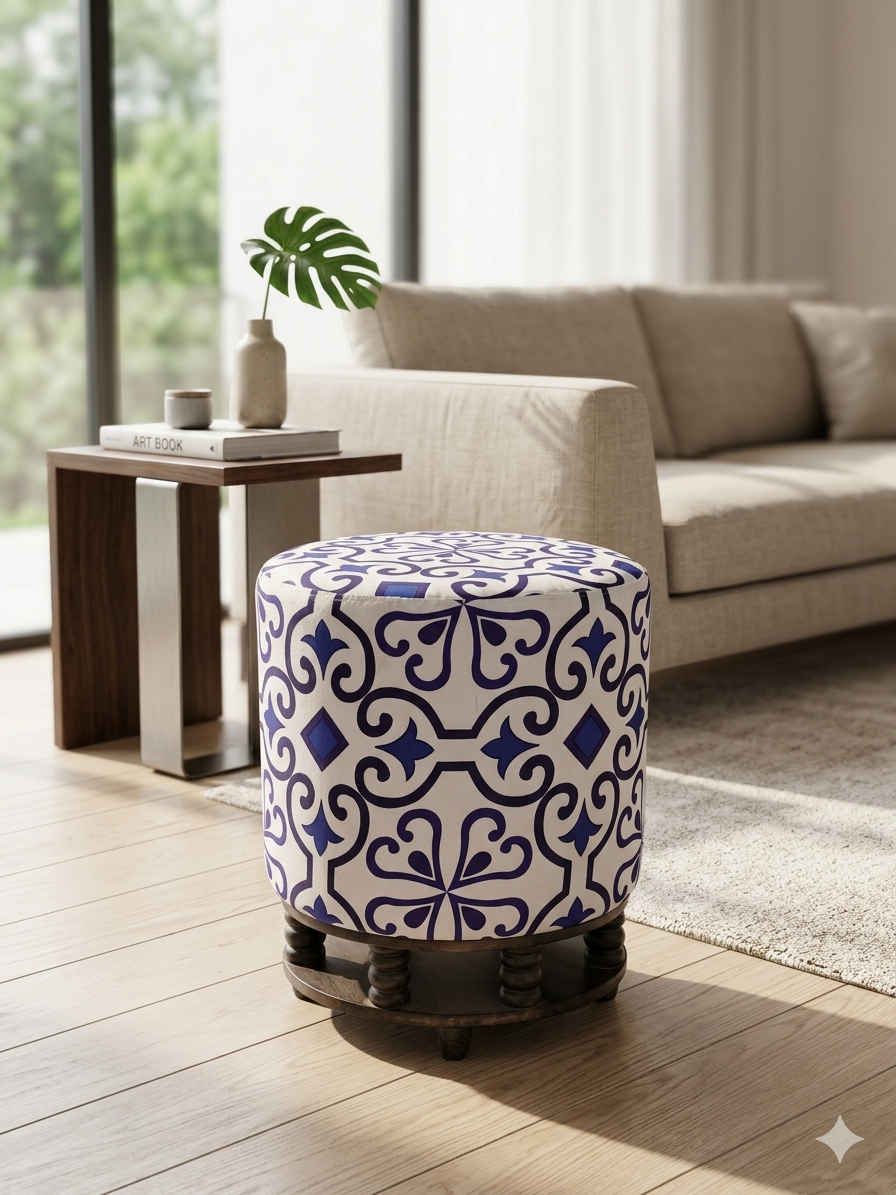 Geometric Azure Upholstered Ottoman Stool