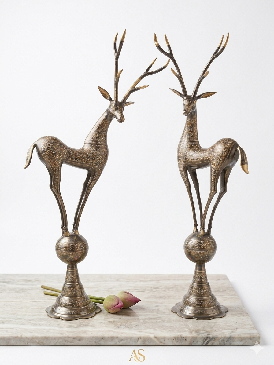 Elegant 44-Inch Brass Deer Pair – Hand-Etched Artisanal Statues