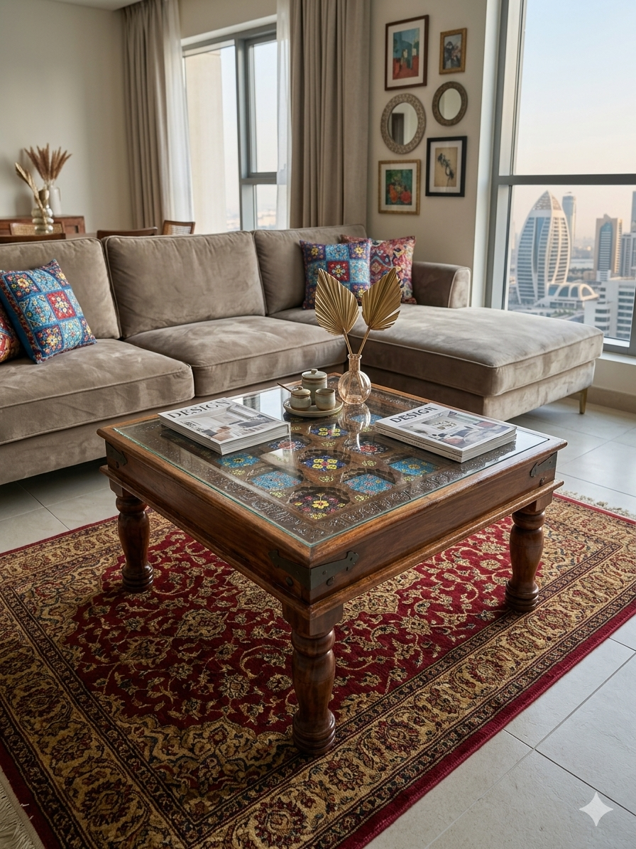 Handcrafted Wooden Square Center Coffee Table with Glass Top