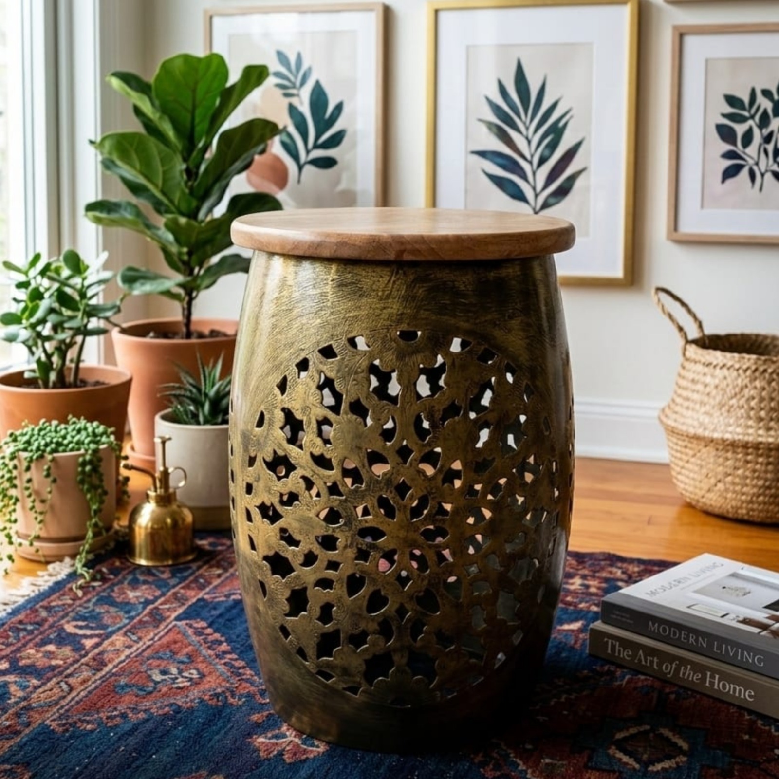 Brass Filigree Flower Stand with Mango Wood Top - Image 3
