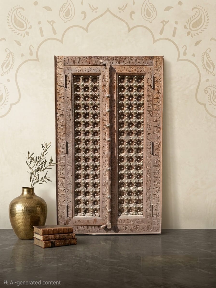 Antique Hand-Carved Wooden Door – Heritage Brass Studded Design - Image 2