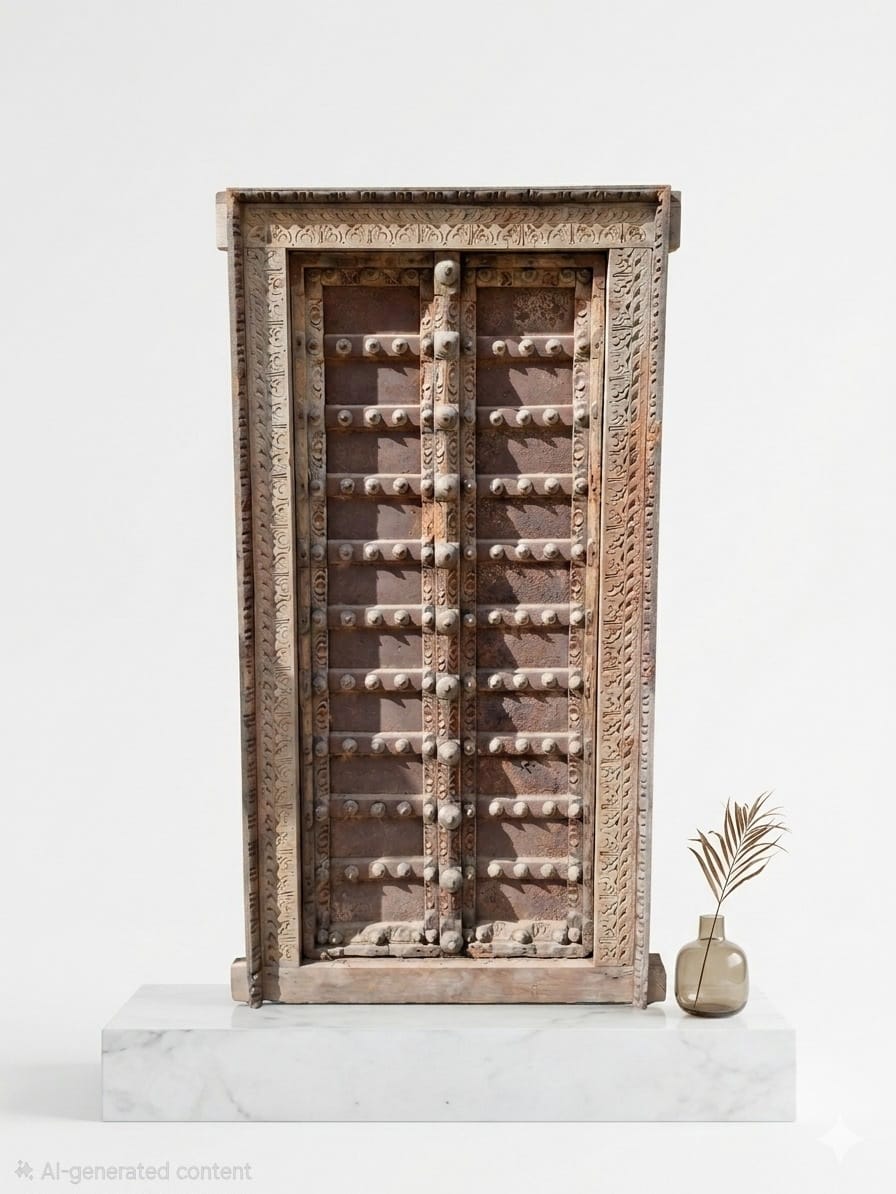 Antique Hand-Carved Wooden Door – Heritage Studded Design