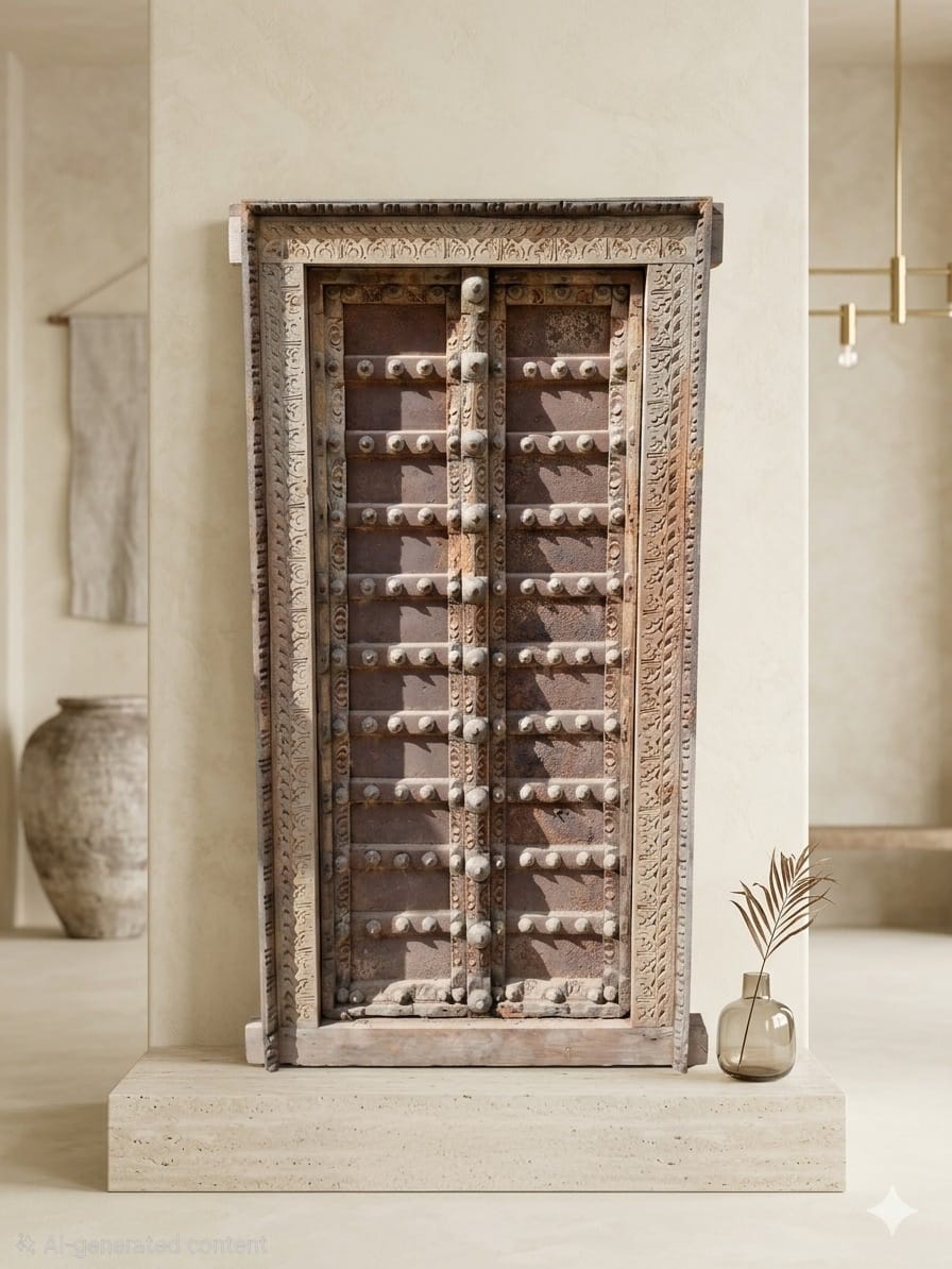 Antique Hand-Carved Wooden Door – Heritage Studded Design - Image 2