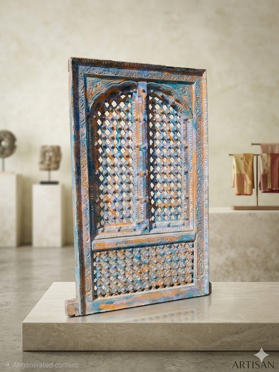 Handcrafted Antique Carved Wooden Door – Blue Distressed Finish