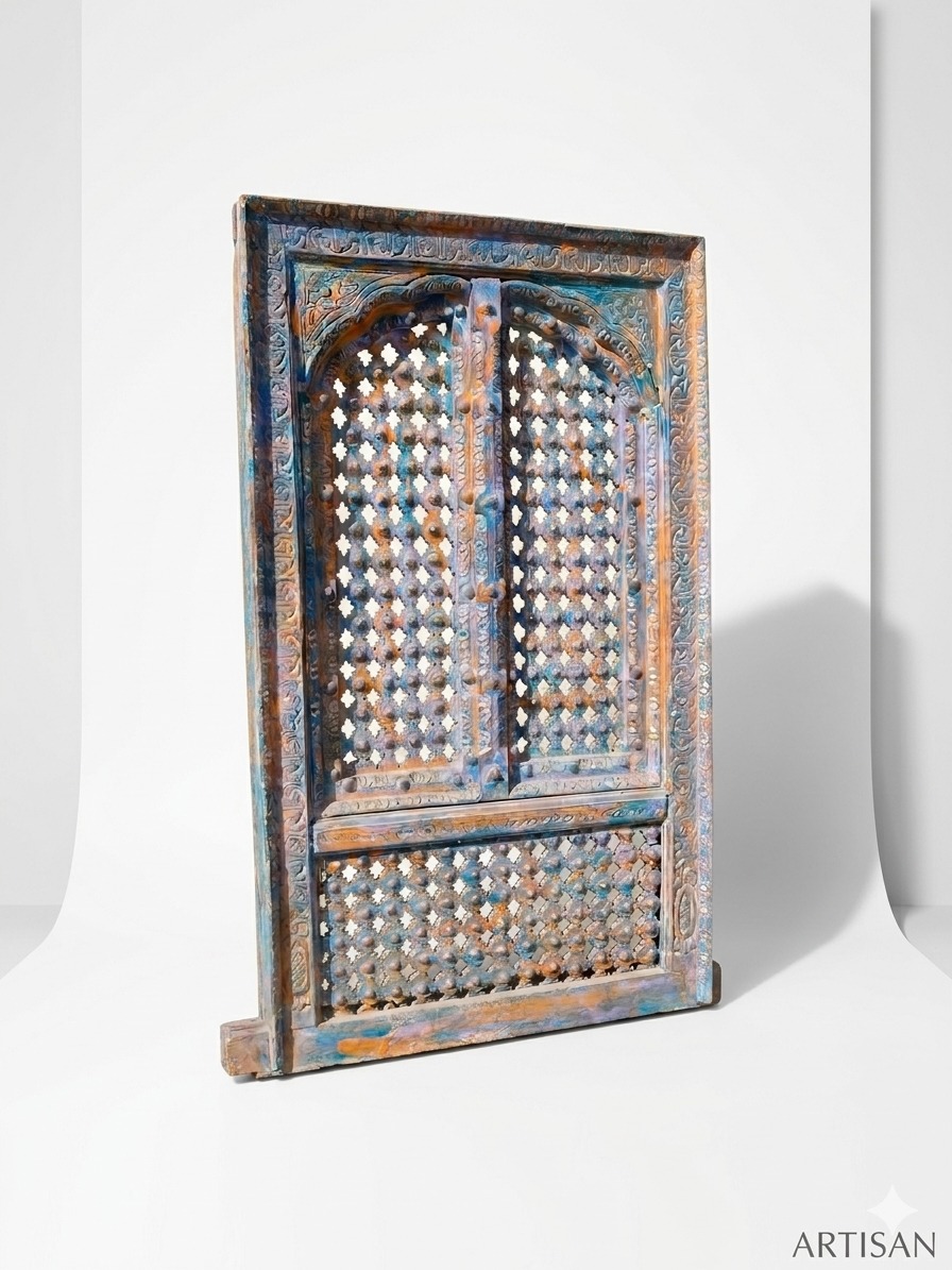 Handcrafted Antique Carved Wooden Door – Blue Distressed Finish - Image 2
