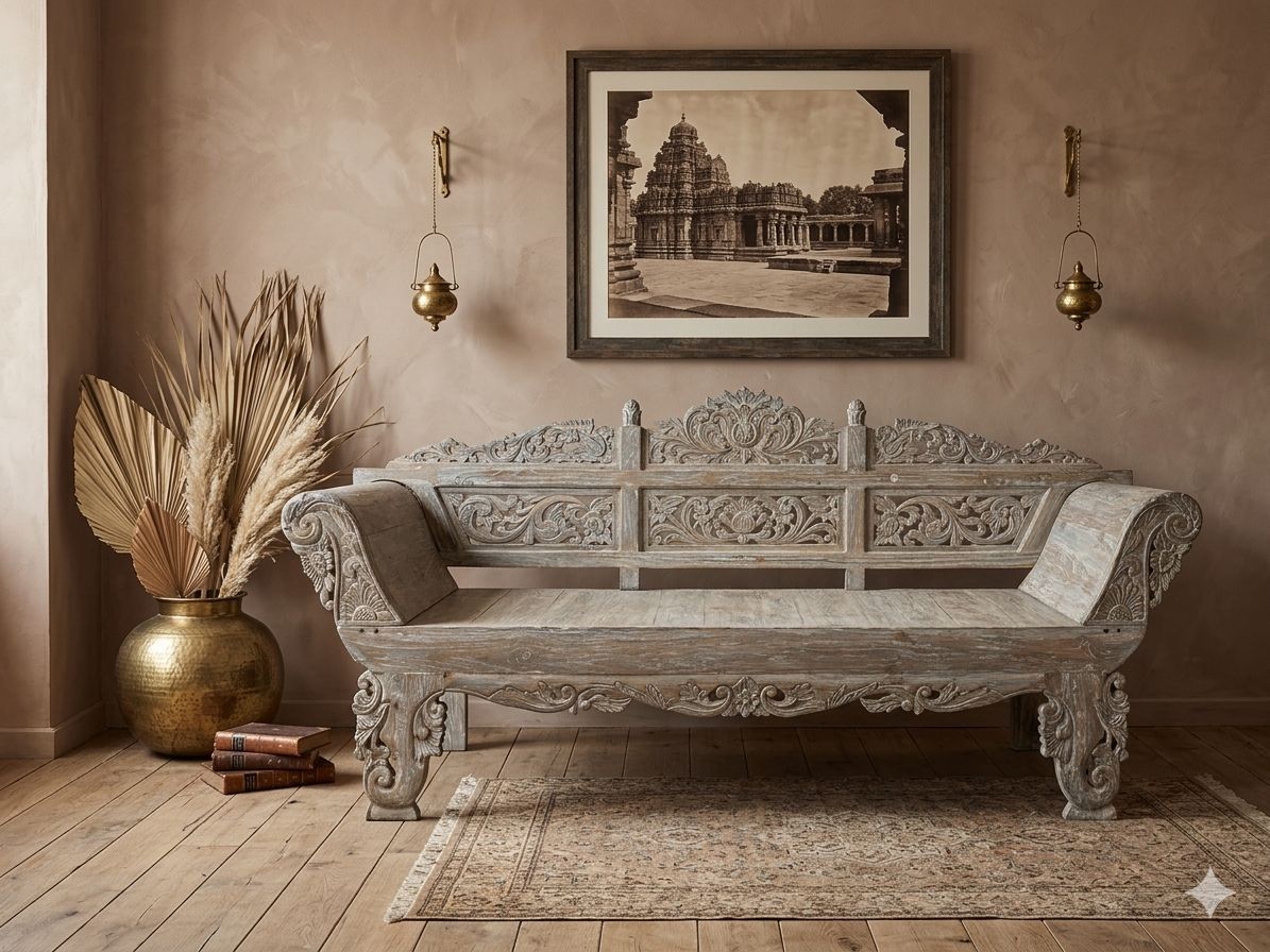 Hand-Carved Teak Wood Daybed – Distressed Antique Finish