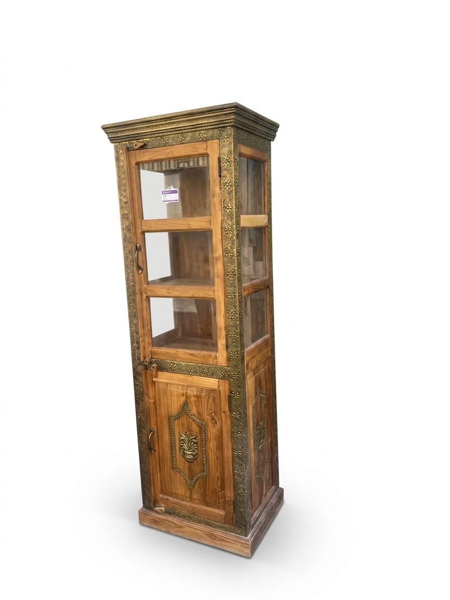 Handcrafted Solid Wood Showcase with Brass Inlay & Glass Display - Image 2