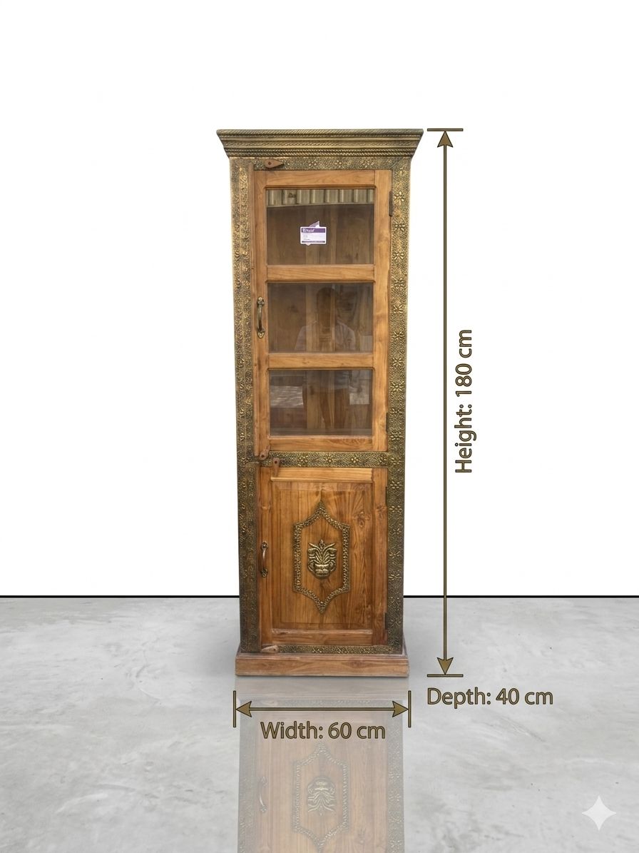 Handcrafted Solid Wood Showcase with Brass Inlay & Glass Display - Image 3