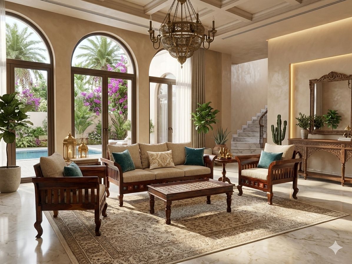 Sheesham Wood 5-Seater Sofa Set with Traditional Tile Work - Image 4