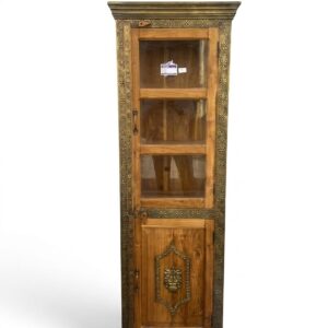 Handcrafted Solid Wood Showcase with Brass Inlay & Glass Display