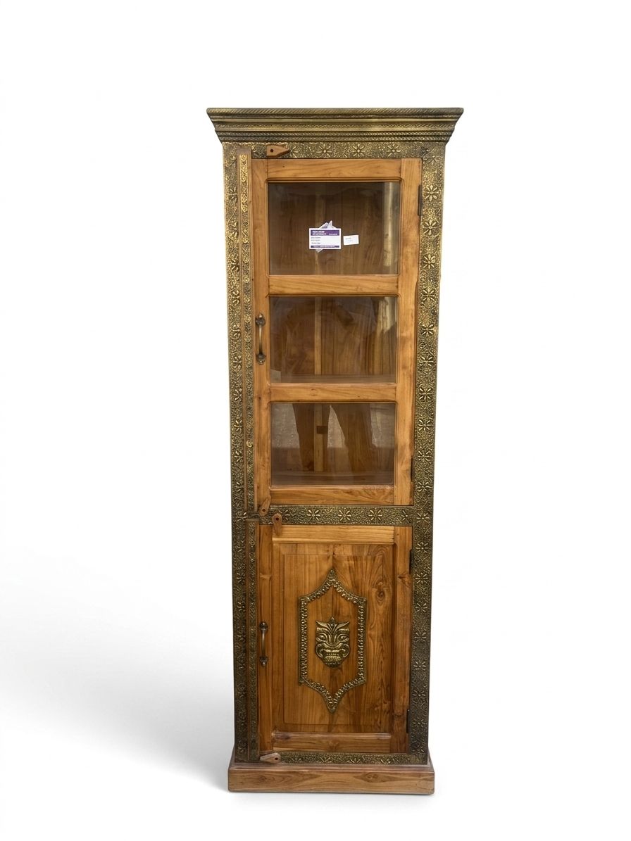 Handcrafted Solid Wood Showcase with Brass Inlay & Glass Display