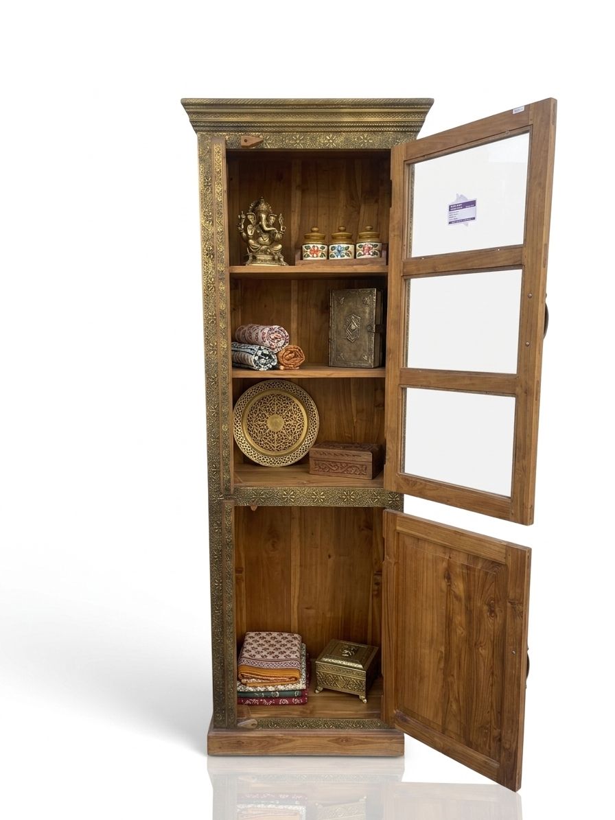 Handcrafted Solid Wood Showcase with Brass Inlay & Glass Display - Image 4