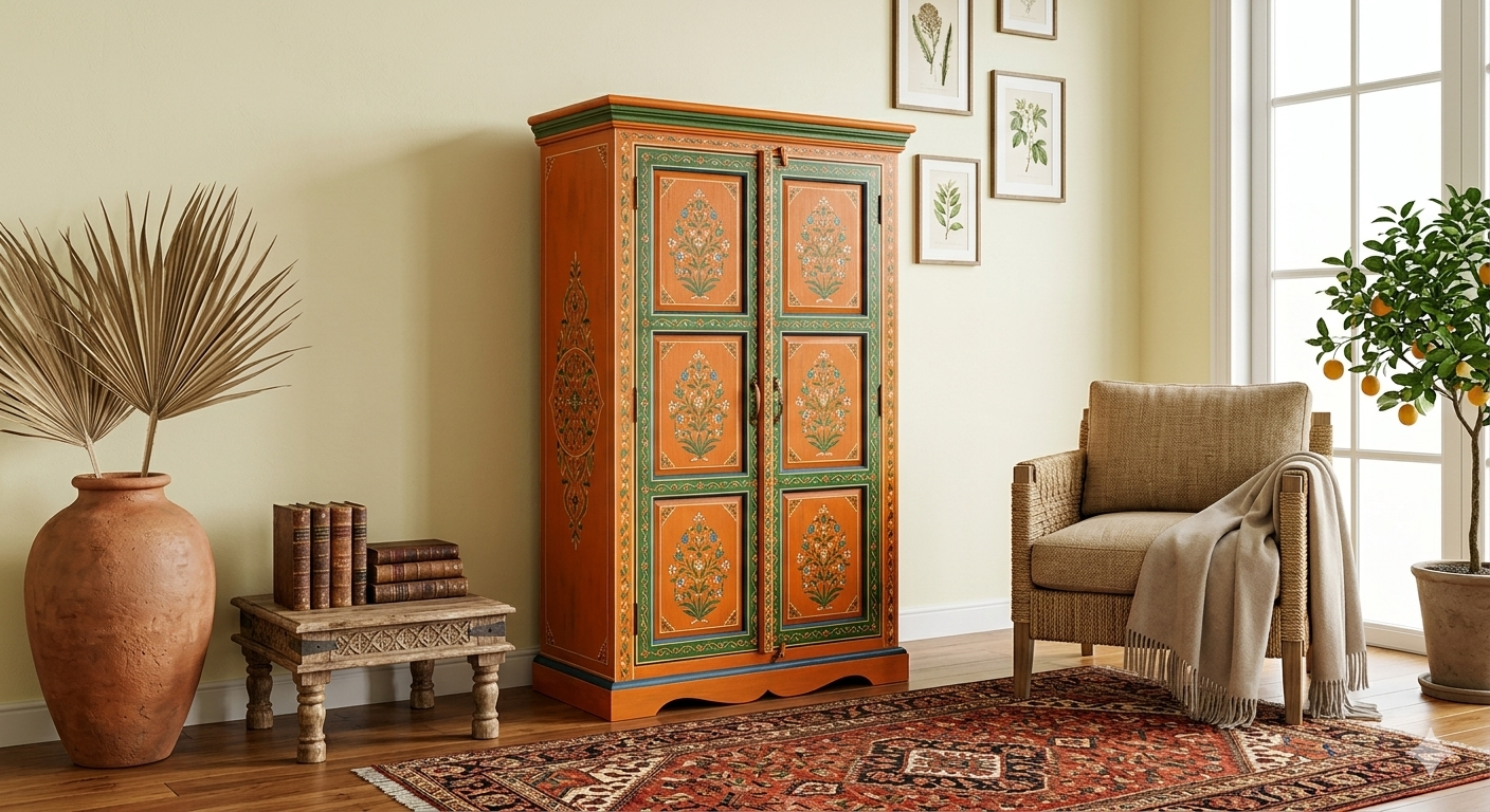 Artisanal Hand-Painted Floral Motif Wardrobe