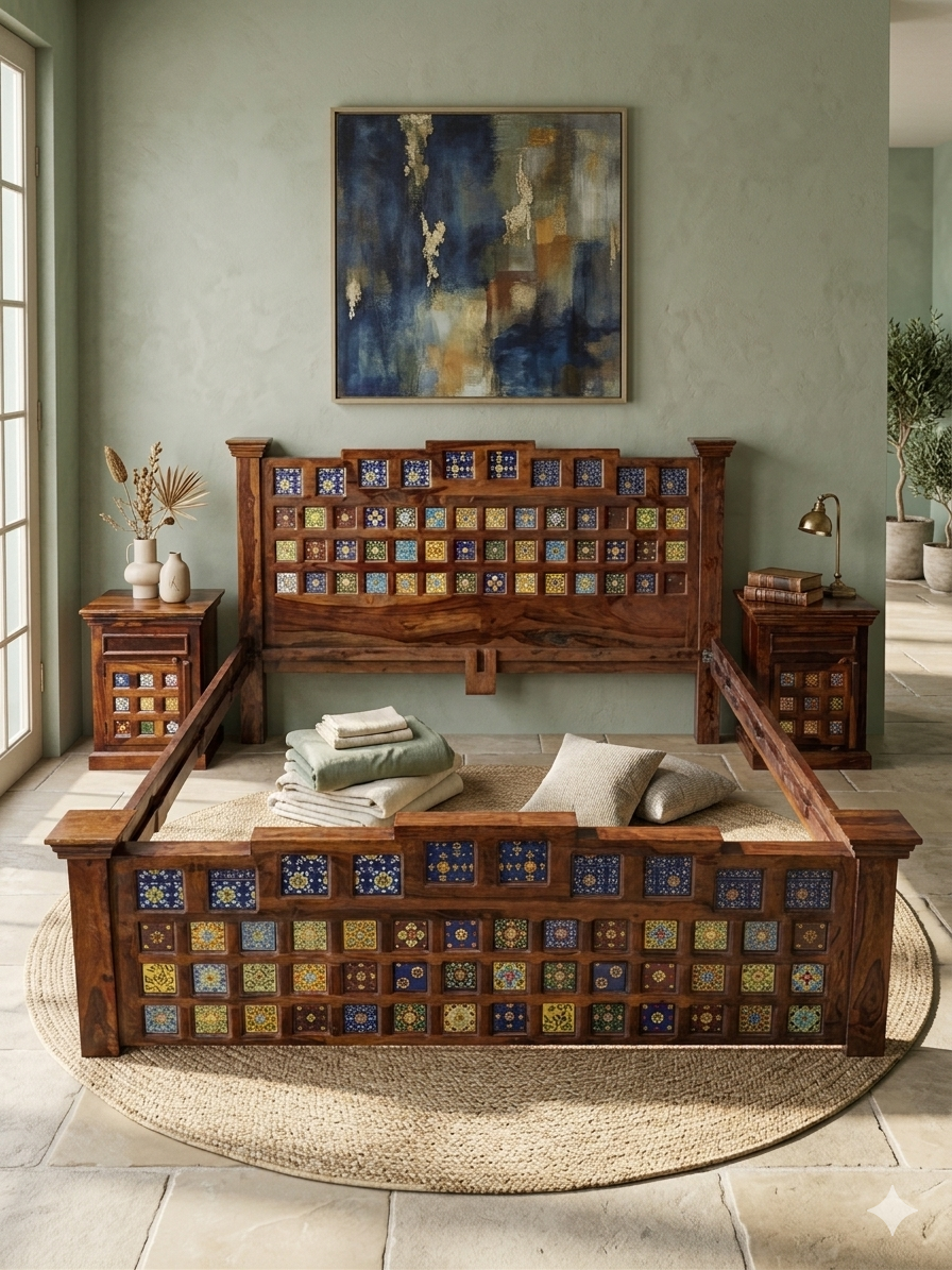 Artisanal Sheesham Wood Bed Frame with Matching Bedside Tables - Image 2