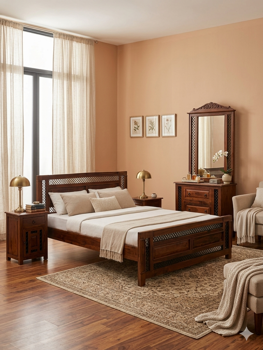 Exquisite Handcrafted Sheesham Wood Bedroom Suite