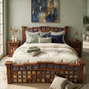 Artisanal Sheesham Wood Bed Frame with Matching Bedside Tables