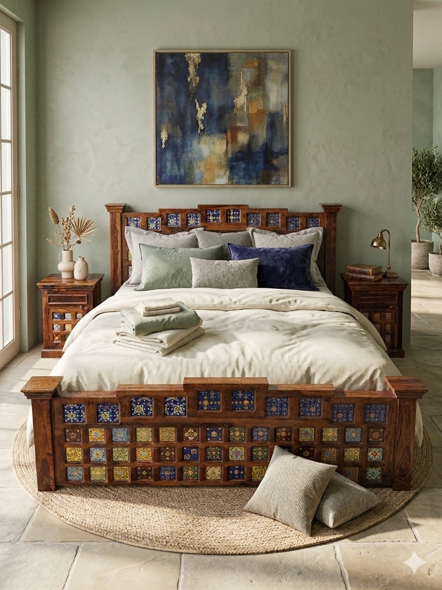 Artisanal Sheesham Wood Bed Frame with Matching Bedside Tables