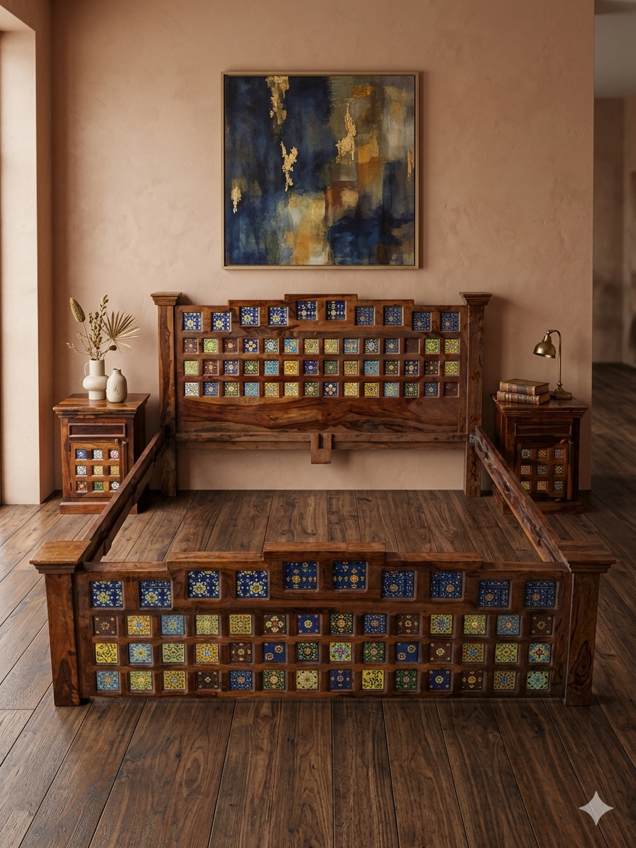 Artisanal Sheesham Wood Bed Frame with Matching Bedside Tables - Image 3