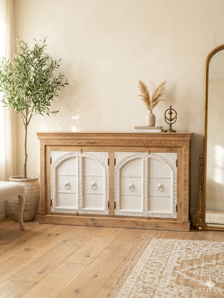 Artisanal Hand-Carved Wooden Sideboard
